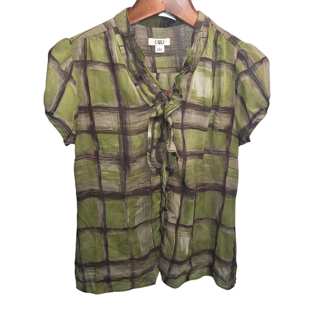 Cato Olive Green Brown Abstract Plaid Ruffle Front Short Sleeve Blouse Size L
